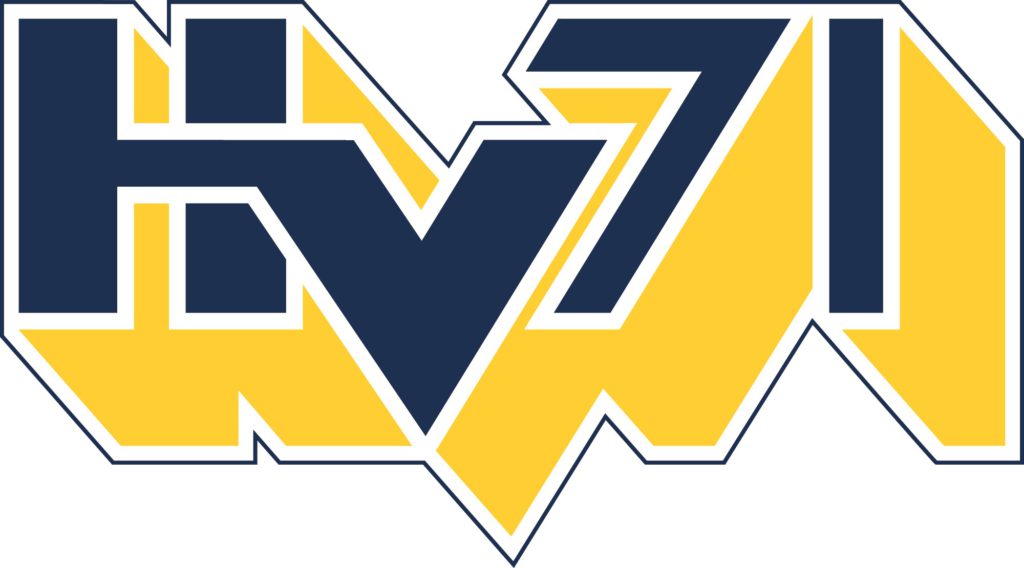 HV71:s logga där det står HV71 med stora bokstäver som är gula och blå.