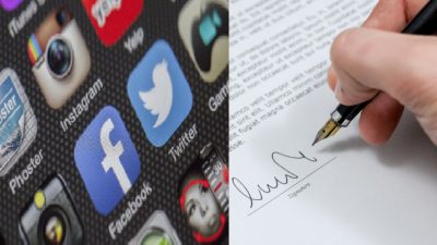 Olika sociala mediers loggor och en penna som skriver under ett kontrakt.