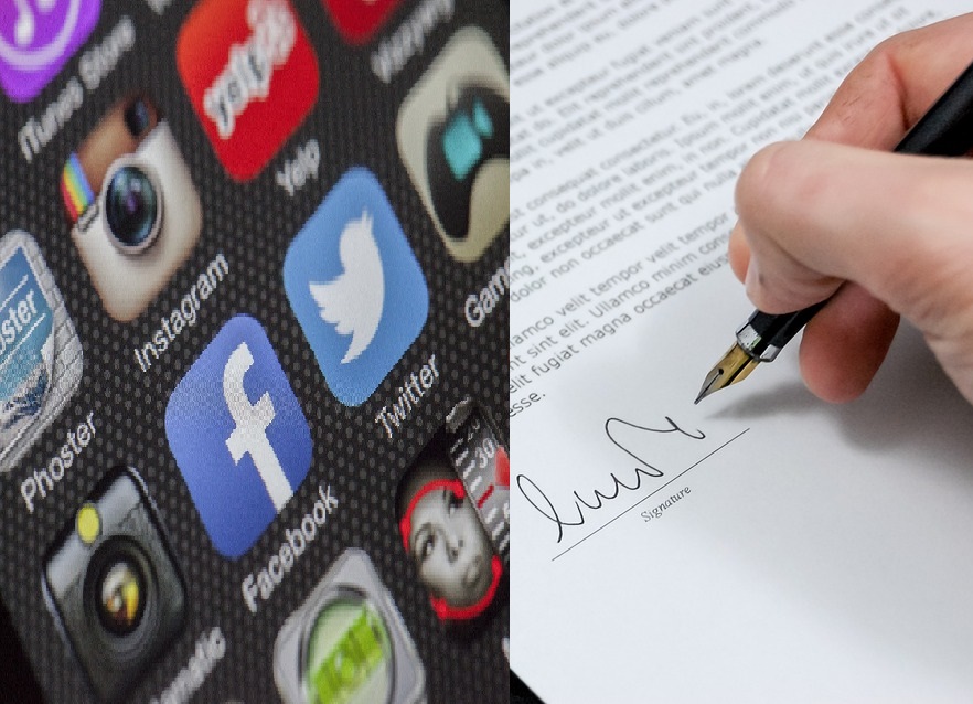 Olika sociala mediers loggor och en penna som skriver under ett kontrakt.
