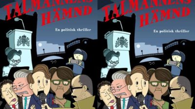 Omslaget till boken, där det syns massa reportrar som försöker intervju en person i kostym.