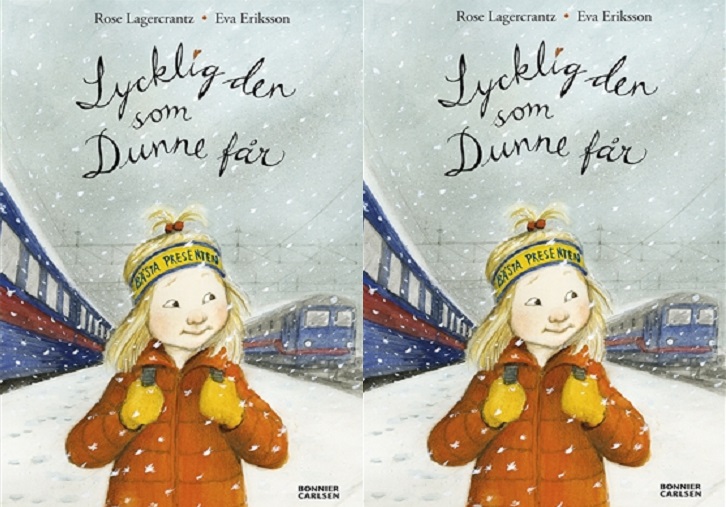 Omslaget till boken. På omslaget står ett barn med röd jacka, gult pannband och långt blont hår. I bakgrunden syns röda och blå tåg.