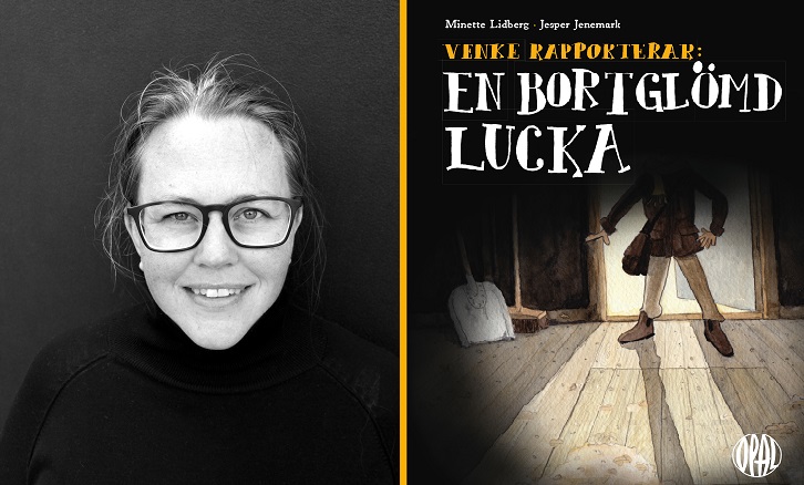 Två bilder. Den till vänster föreställer Minette. Hon har långt hår uppsatt i en hästsvans och glasögon. Hon har en tröja med polokrage. Till höger är bokens omslag. Där är två fötter som går över ett trägolv. Runt kanterna är det mörkt och gör bilden lite mystisk.