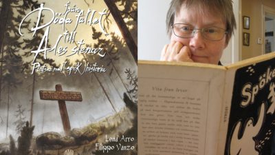 En bild på bokens omslag och en på författaren. Bokomslaget har en ritad bild av en skog med många långa och mörka träd. Skogen är fylld av dimma och ser mystisk ut. Mitt i skogen står ett stort träkors där det står "Falk 1855". Bilden på författaren föreställer Lena som sitter och läser en bok om spöken. Hon har kort hår och glasögon.