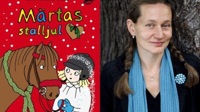 En bild på boken och en på författaren. På bokens framsida är det en tecknad bild av Maja som håller i en häst. Hon har lucialinne och glitter ovanpå sin ridhjälm. Författaren har långt hår i flätor och en halsduk hängande runt halsen.