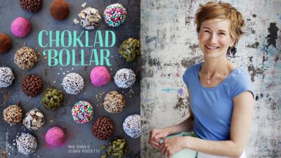 En bild på bokens om slag och en på författaren. Bokens omslag är täckt av chokladbollar med olika strössel på sig. Författaren har halvlångt hår och ler stort mot kameran. Hon har ett förkläde på sig och håller i en bakbunke.