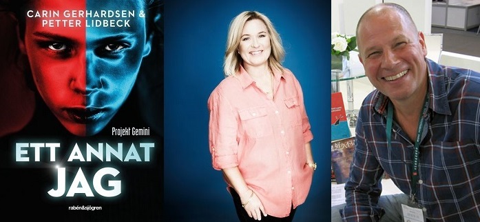 En bild på bokens omslag och bilder på bokens två författare. På omslaget är det ett allvarligt, nästan argt, ansikte som är delat i två. En av författarna är ungefär 40 år med långt ljust hår och färgglad skjorta. Den andra är lite äldre, och har inget hår alls. Båda ser väldigt glada ut.