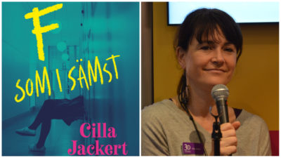 Collage på Cilla Jackert och hennes bok.